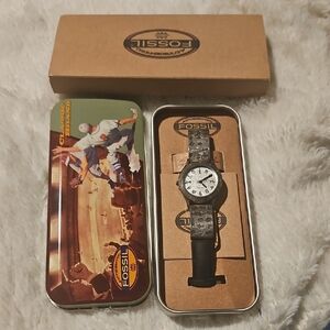 Fossil Black Leather Watch with Sports Tin